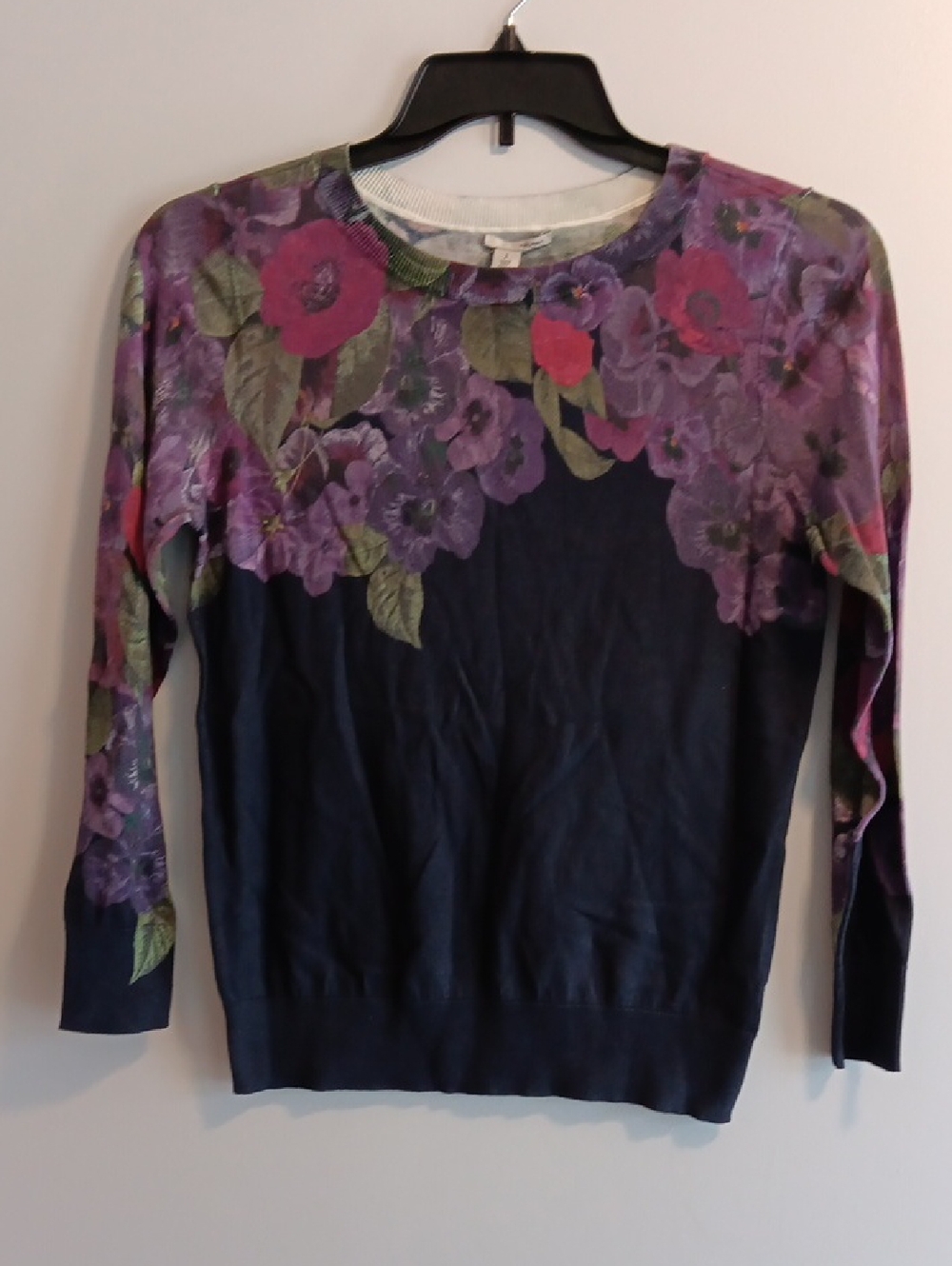 Halogen Navy Crewneck Sweater with Purple & Pink Floral Yoke